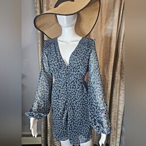 Zara Lined Sheer Sleeve Long Sleeve Button Front Floral Sun Dress